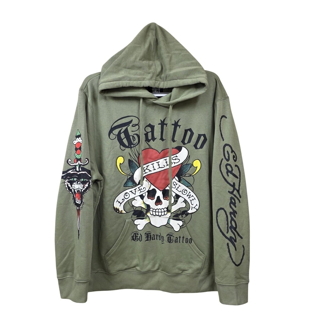 Ed Hardy Pullover Hoodie Mens XL Green Tattoo Love Kills Slowly Skull Graphic